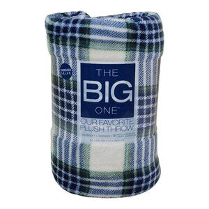 The Big One Navy Green Plaid Oversized Plush Throw Blanket 5x6 Ft Soft Polyester